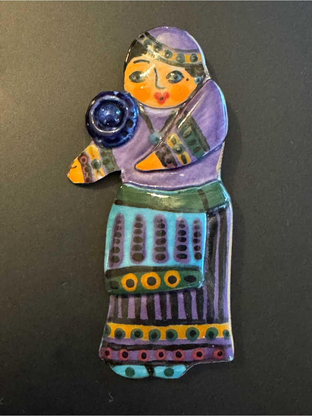Vintage Hand Painted Ceramic Folk Art Brooch, Mid-Century Wearable Art